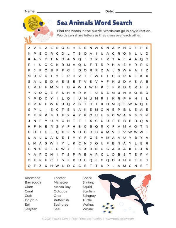 sea animals word search preview