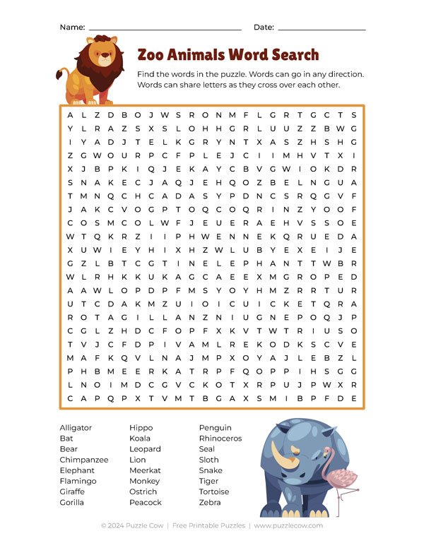 zoo animals word search preview
